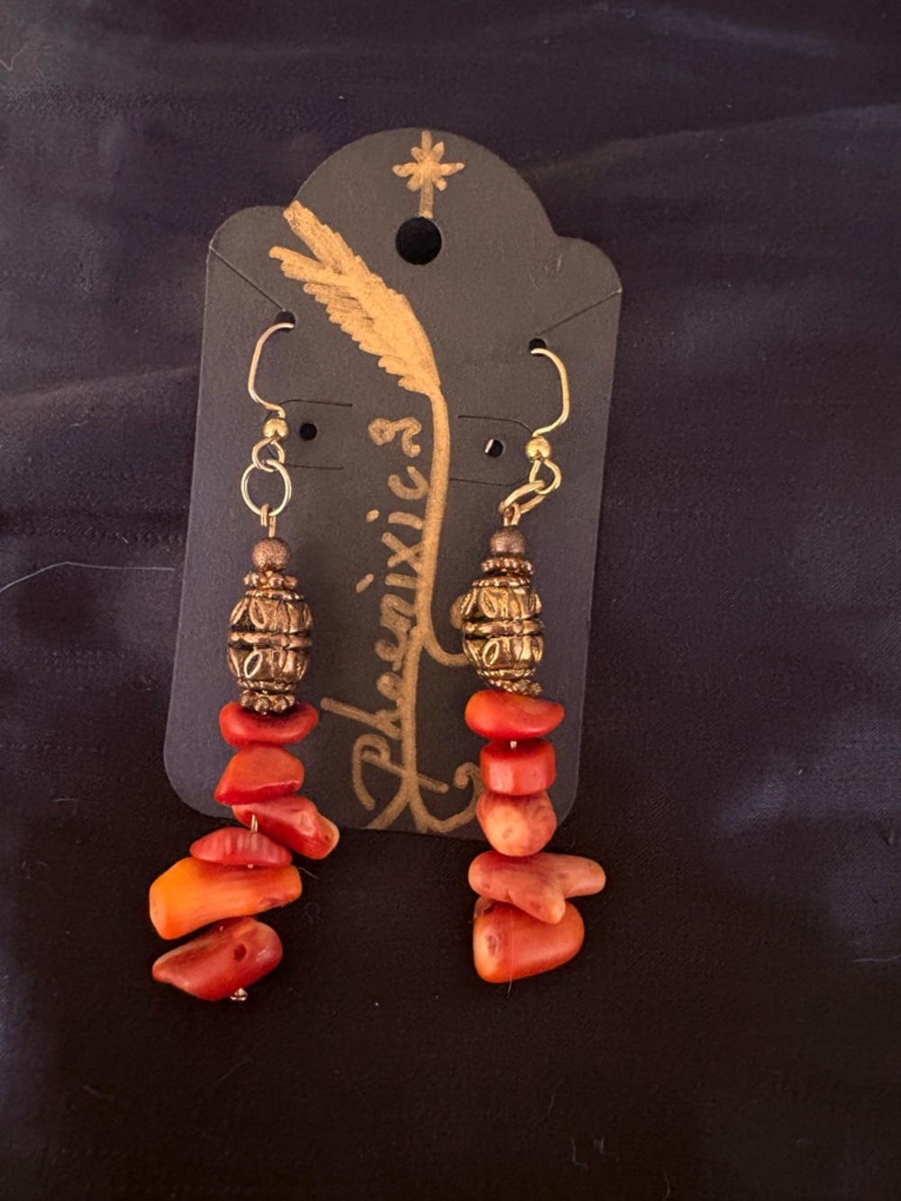 Red Coral Chip & Brass Drop Earrings by Phoenixic3